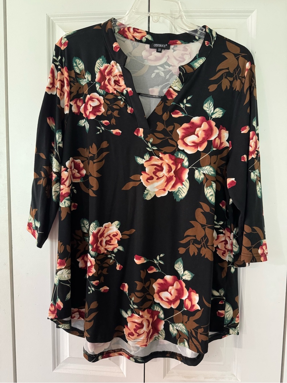 Floral V-Neck Tunic in Black with Rose Print